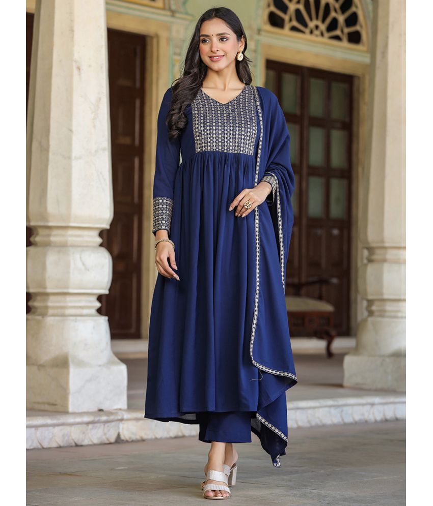     			Vaamsi Georgette Embroidered Kurti With Pants Women's Stitched Salwar Suit - Navy Blue ( Pack of 1 )