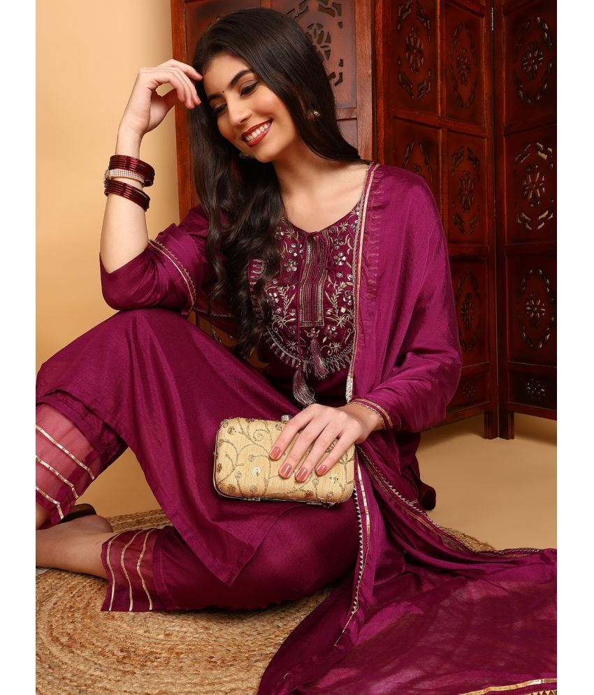     			Vaamsi Silk Blend Embellished Kurti With Pants Women's Stitched Salwar Suit - Purple ( Pack of 1 )