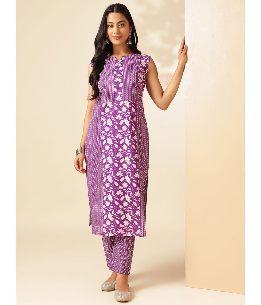     			Vbuyz Cotton Printed Kurti With Pants Women's Stitched Salwar Suit - Purple ( Pack of 1 )