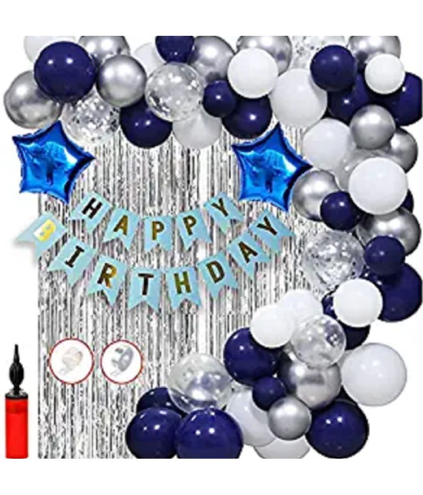     			krido Solid Happy Birthday Decoration Combo 61 Pcs Blue Birthday Banner Balloon  (Blue, Silver, Pack of 61)