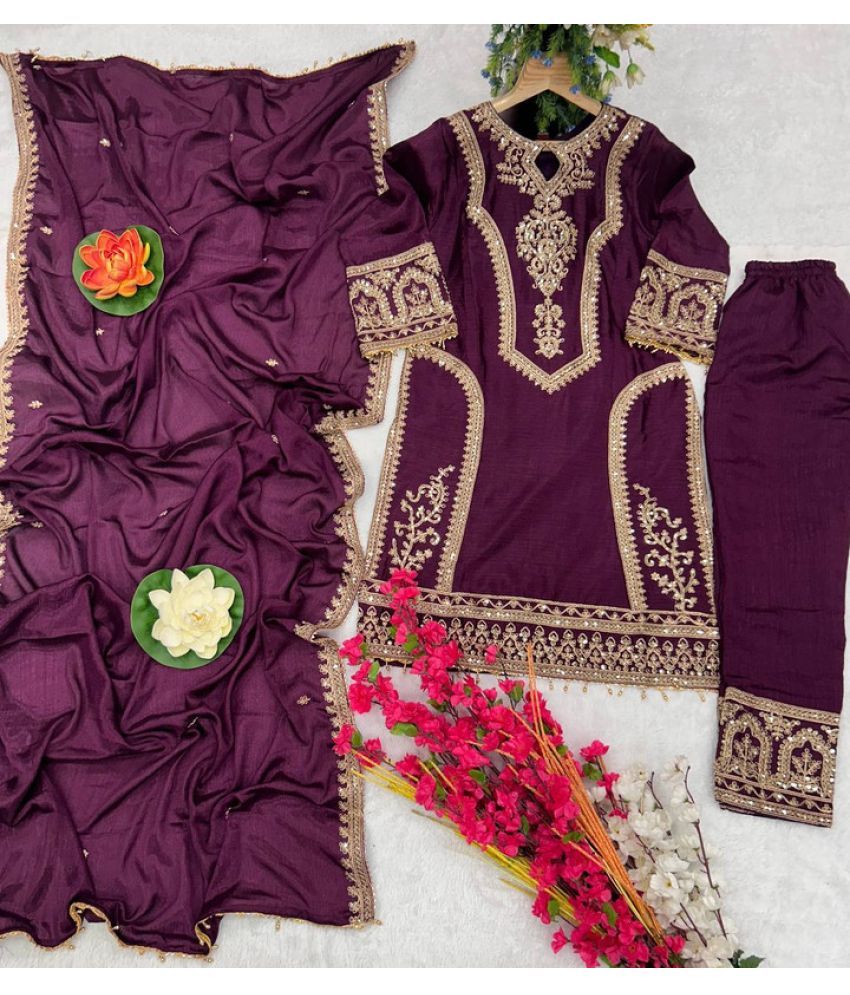     			rangvini Chanderi Silk Embroidered Kurti With Pants Women's Stitched Salwar Suit - Wine ( Pack of 1 )