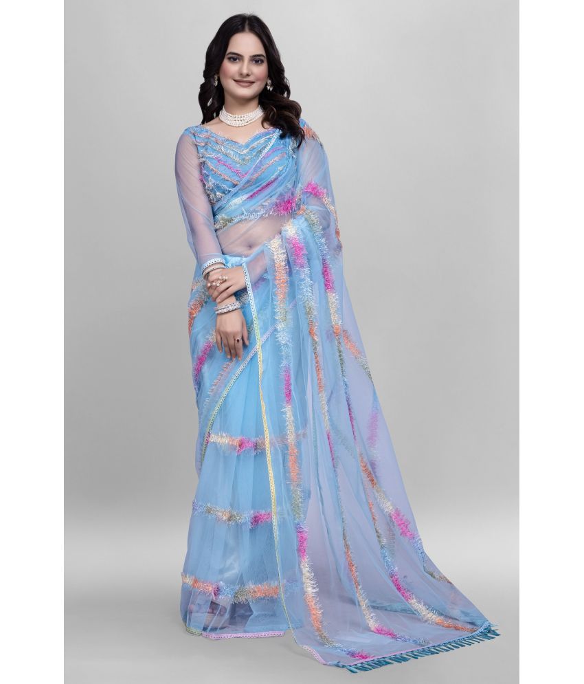     			Apnisha Net Self Design Saree With Blouse Piece ( SkyBlue , Pack of 1 )