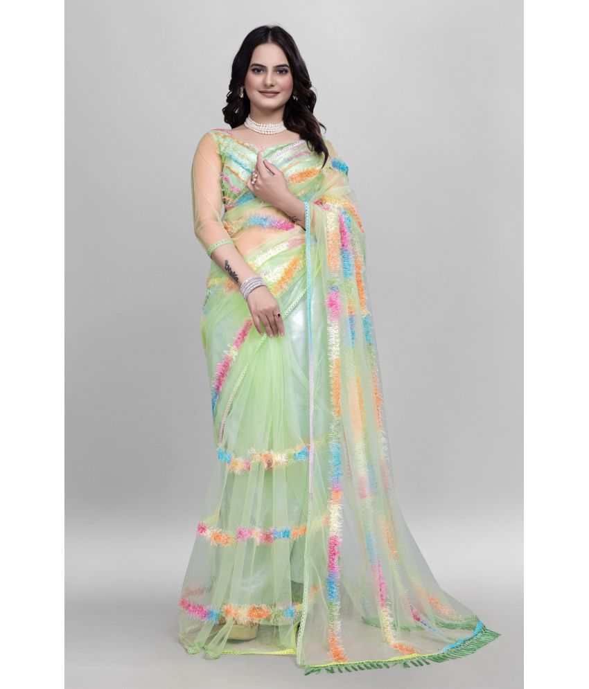     			Apnisha Net Self Design Saree With Blouse Piece ( Sea Green , Pack of 1 )