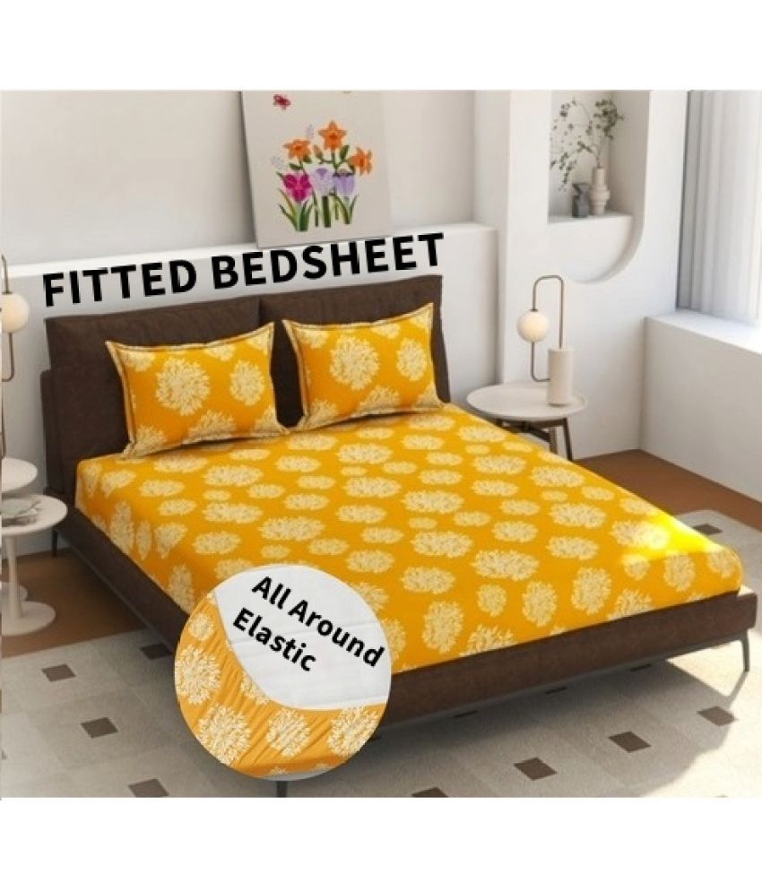     			Blinkberry Cotton Floral Fitted 1 Bedsheet with 2 Pillow Covers ( King Size ) - Yellow