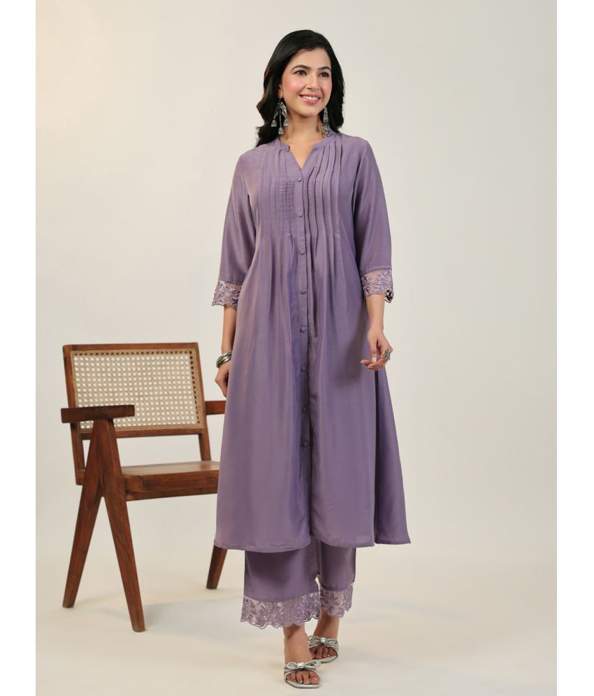     			Janasya Silk Blend Solid Kurti With Pants Women's Stitched Salwar Suit - Lavender ( Pack of 1 )