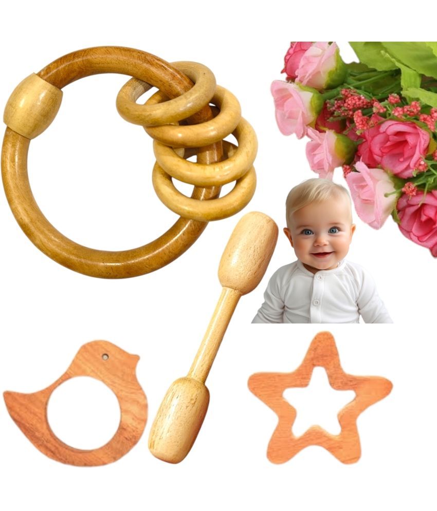     			Natural Neem Wood Ring Inside Ring Rattle with 3 other teething toys shape