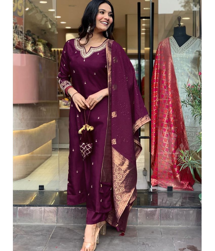     			Niza Fashion Silk Embroidered Kurti With Pants Women's Stitched Salwar Suit - Purple ( Pack of 1 )