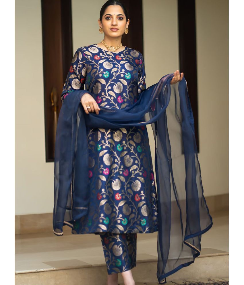     			Niza Fashion Silk Embroidered Kurti With Pants Women's Stitched Salwar Suit - Blue ( Pack of 1 )