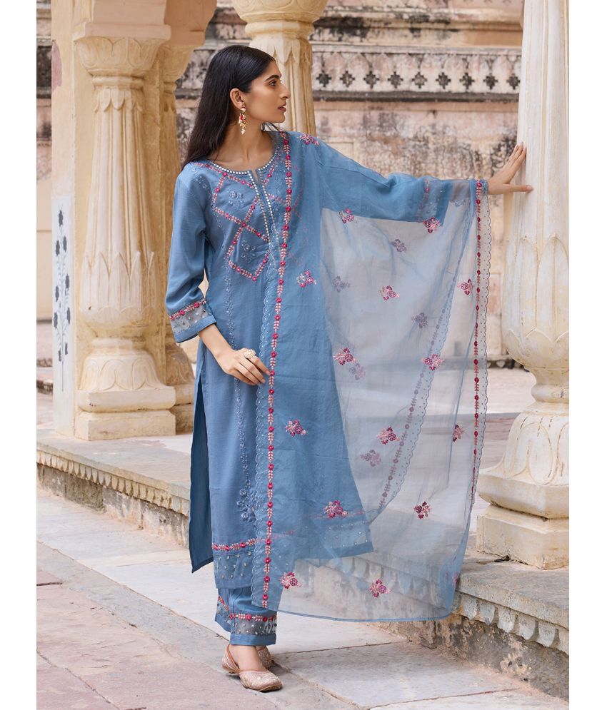     			Vaamsi Silk Blend Embroidered Ethnic Top With Pants Women's Stitched Salwar Suit - Blue ( Pack of 1 )