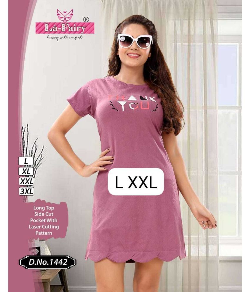     			OuterWear Cotton Blend Printed Knee Length Women's T-shirt Dress - Purple ( Pack of 1 )