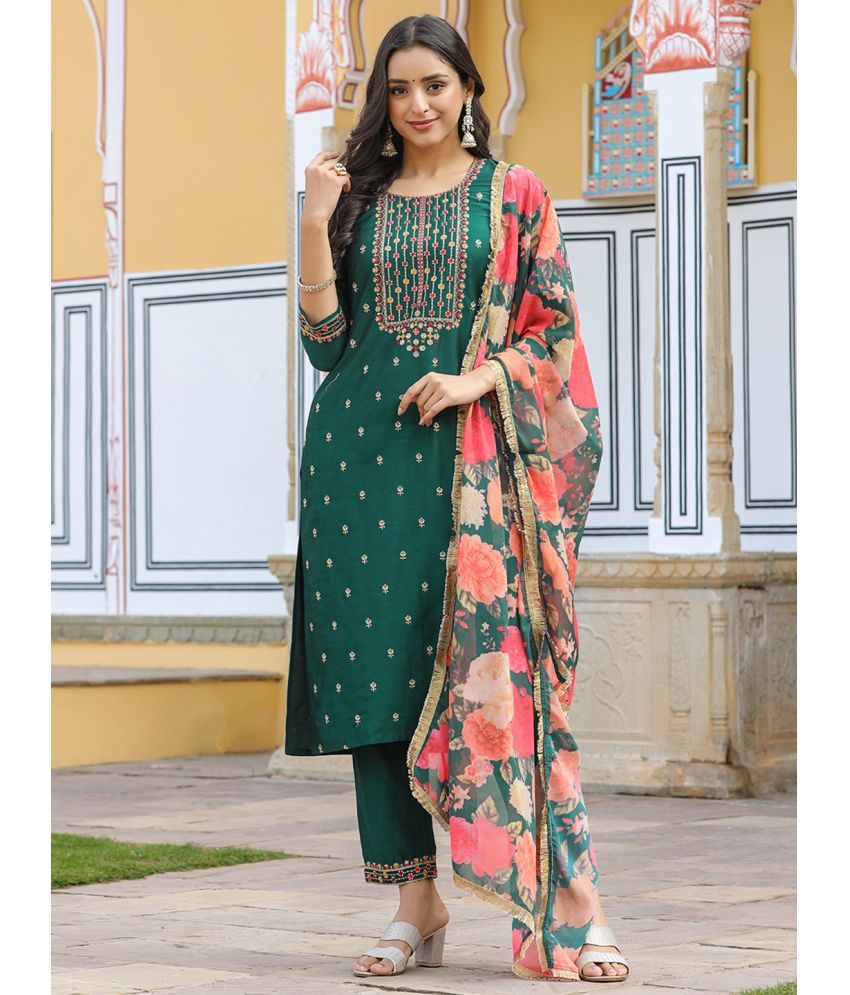     			Vaamsi Silk Blend Embroidered Kurti With Pants Women's Stitched Salwar Suit - Green ( Pack of 1 )