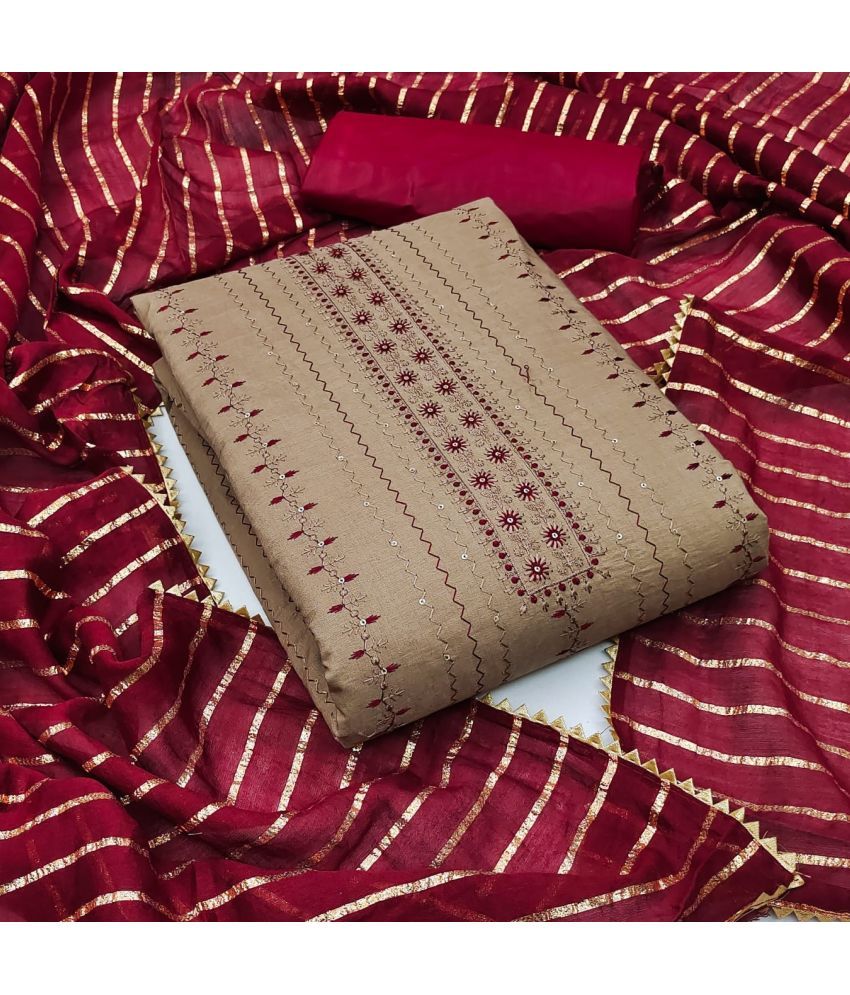     			Rangtulika Ethnics Unstitched Cotton Embroidered Dress Material - Maroon ( Pack of 1 )