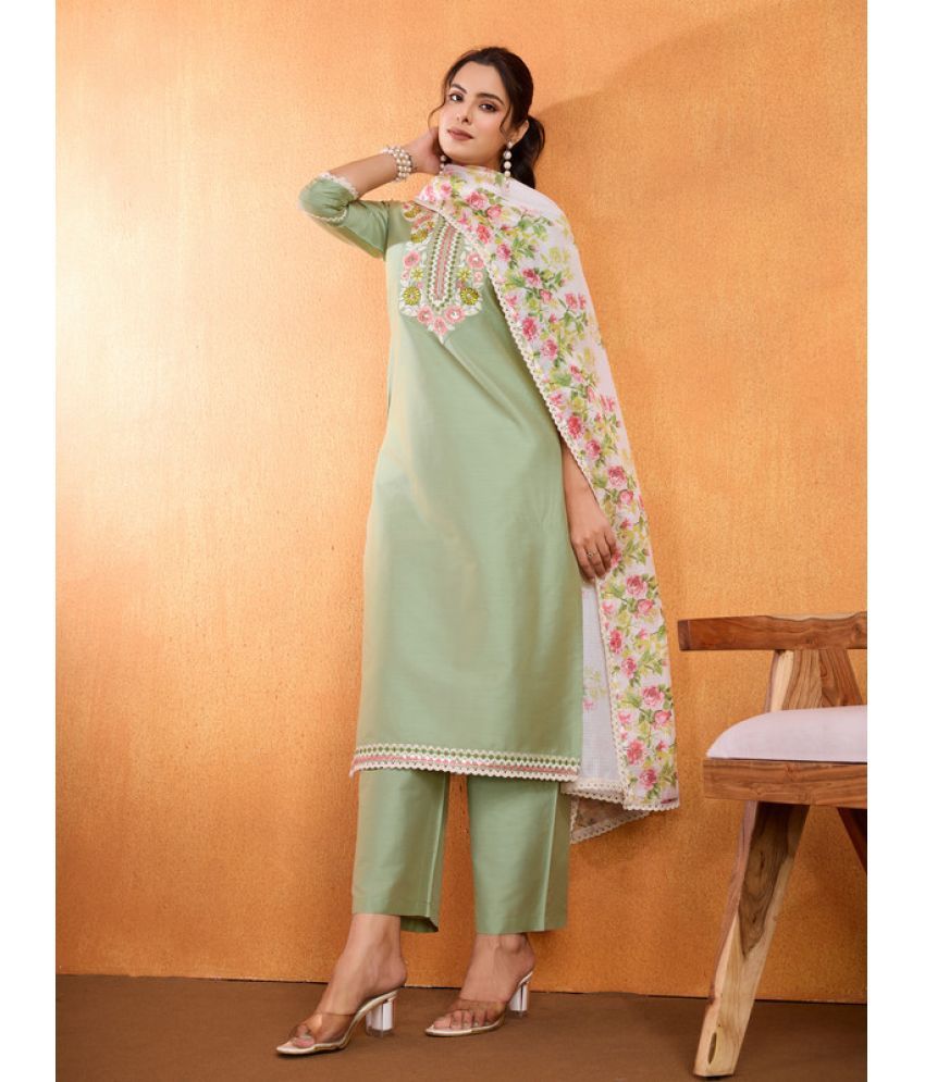     			SUAAC Silk Blend Embroidered Kurti With Pants Women's Stitched Salwar Suit - Green ( Pack of 1 )