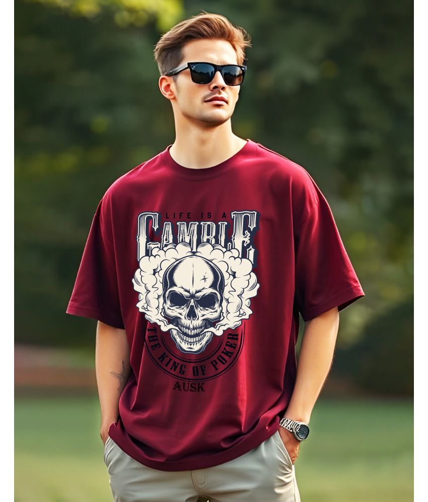     			AUSK Cotton Oversized Fit Printed Half Sleeves Men's Round T-Shirt - Maroon ( Pack of 1 )