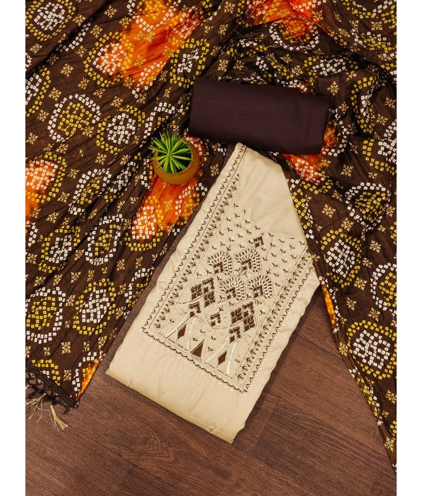     			Rangtulika Ethnics Unstitched Cotton Blend Embroidered Dress Material - Brown ( Pack of 1 )