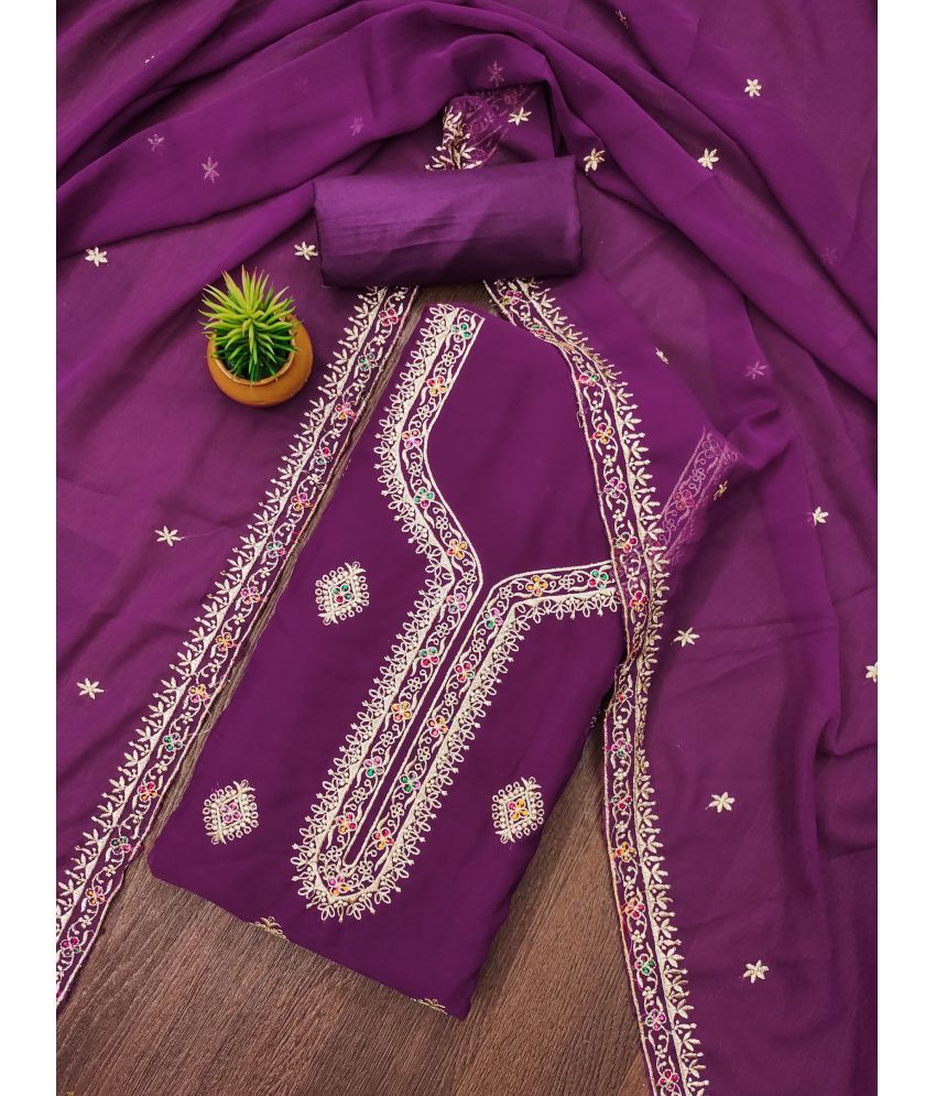     			Rangtulika Ethnics Unstitched Georgette Embroidered Dress Material - Purple ( Pack of 1 )