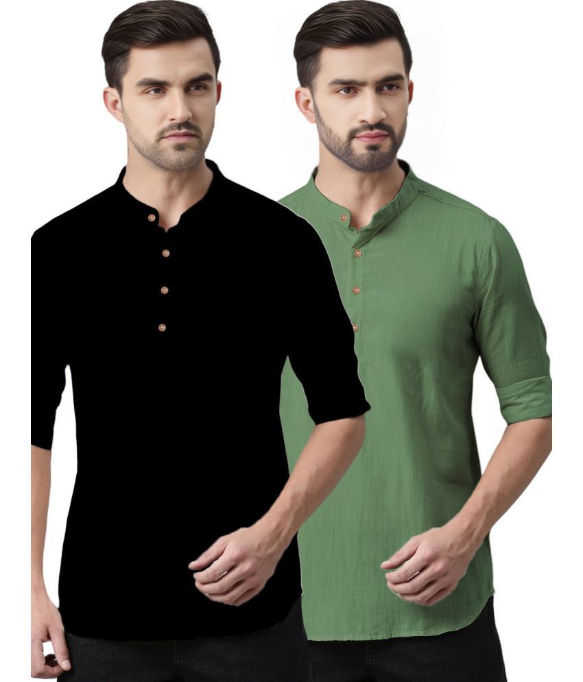     			BHUVIKOO Light Green Cotton Blend Men's Regular Kurta ( Pack of 2 )