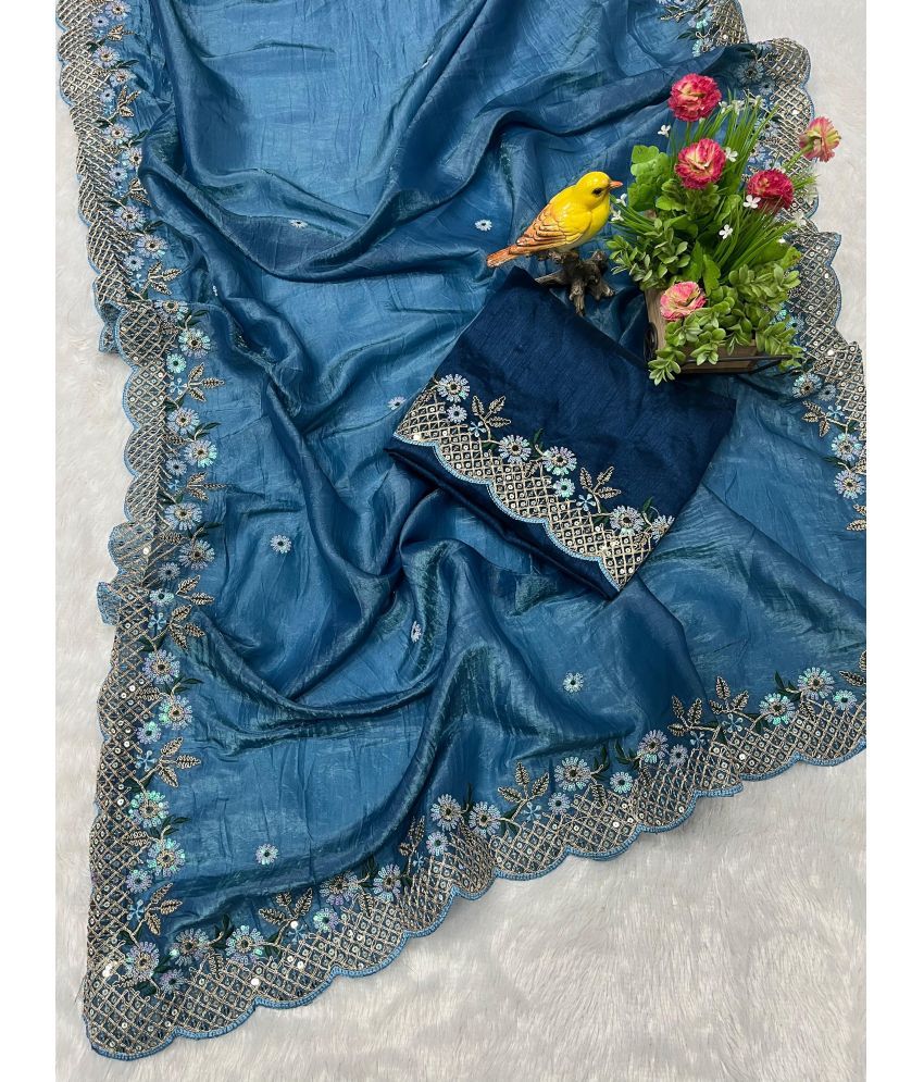     			Nayanthara Trends Polyester Embellished Saree With Blouse Piece ( Blue , Pack of 1 )