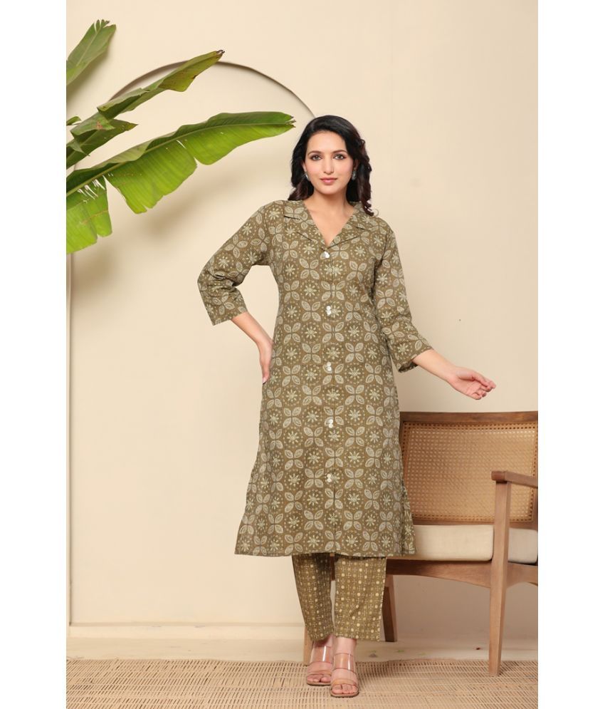     			Flamboyant Cotton Printed Kurti With Pants Women's Stitched Salwar Suit - Green ( Pack of 1 )