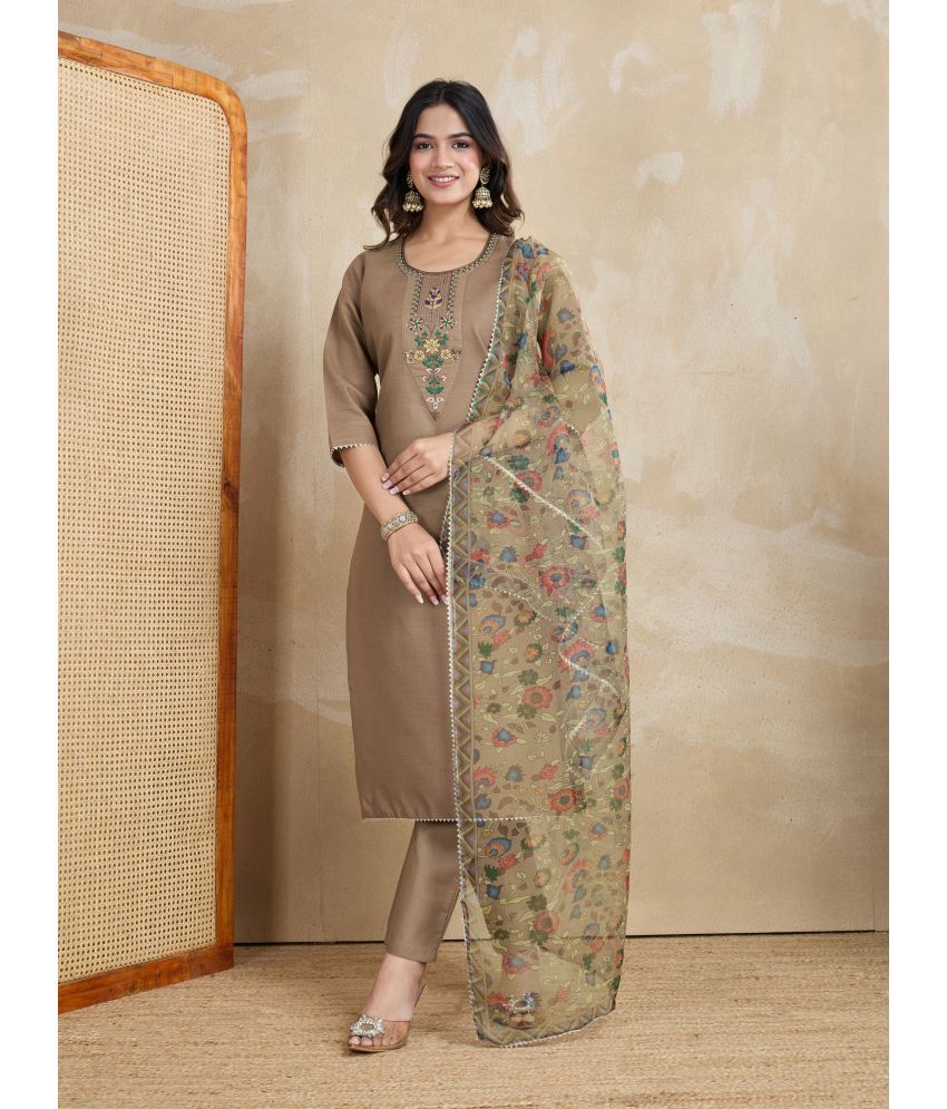     			RAS RANI Cotton Printed Kurti With Pants Women's Stitched Salwar Suit - Brown ( Pack of 1 )