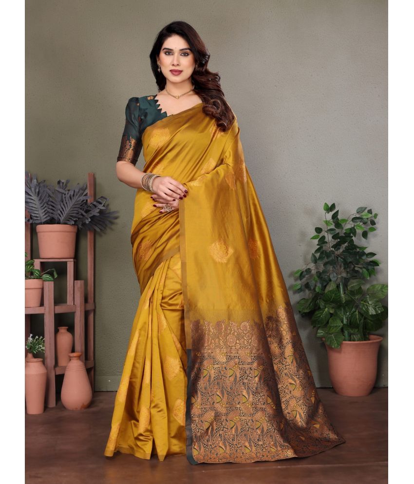     			SARIK  FASHION Banarasi Silk Woven Saree With Blouse Piece ( Mustard , Pack of 1 )