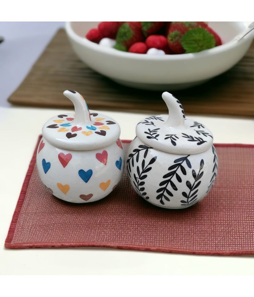     			Malaikah Multi Combo Salt Jar Ceramic Off White Tea/Coffee/Sugar Container ( Set of 2 )