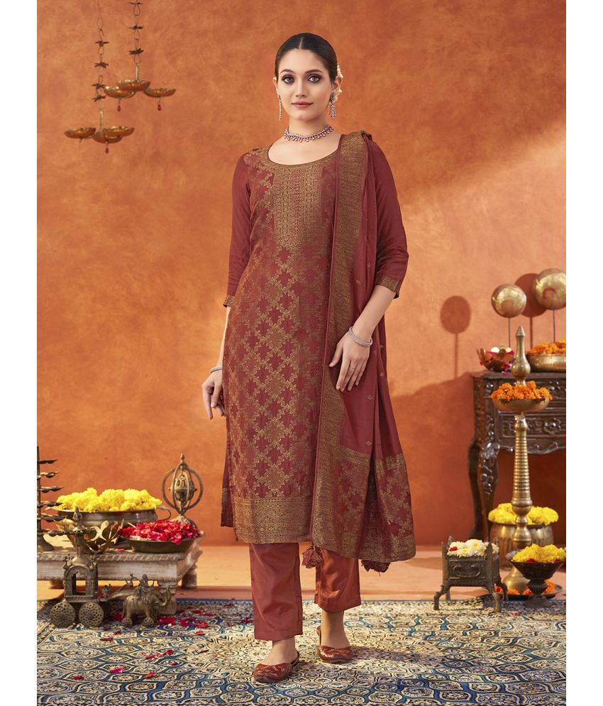     			Shaily Silk Blend Embellished Kurti With Pants Women's Stitched Salwar Suit - Maroon ( Pack of 1 )