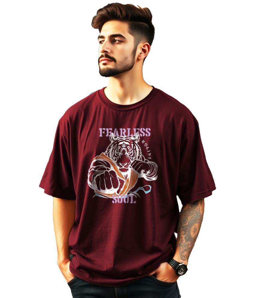     			ENITOR Cotton Oversized Fit Printed Half Sleeves Men's Round T-Shirt - Maroon ( Pack of 1 )