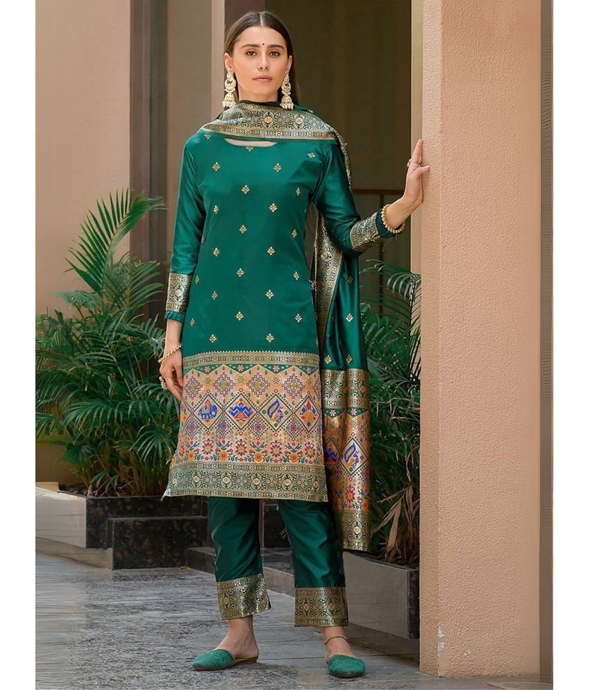     			Eeloo Silk Embroidered Kurti With Pants Women's Stitched Salwar Suit - Green ( Pack of 1 )