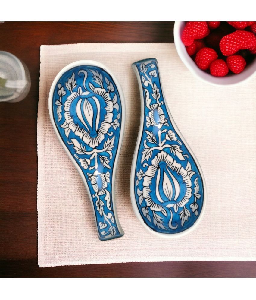     			Malaikah Sky Mughal Lng Spn Ceramic Printed Serving Spoon Light Blue ( Pack of 2 )