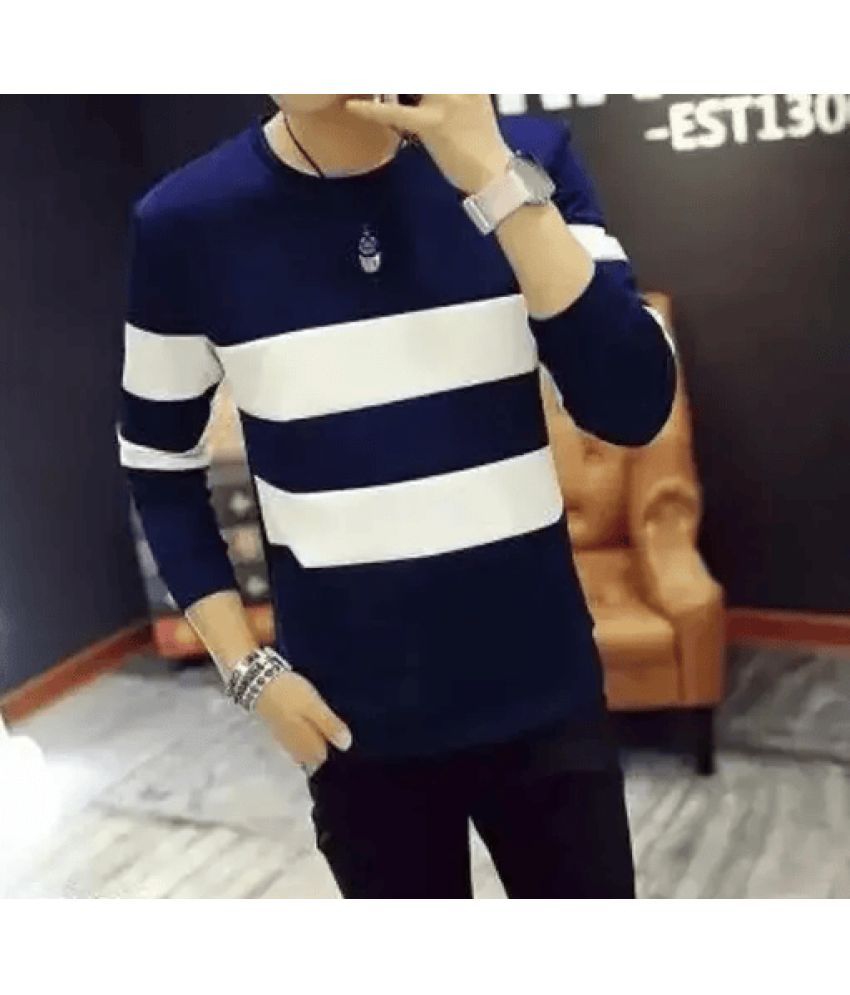     			Volex Cotton Blend Regular Fit Striped Full Sleeves Men's Round T-Shirt - Navy Blue ( Pack of 1 )