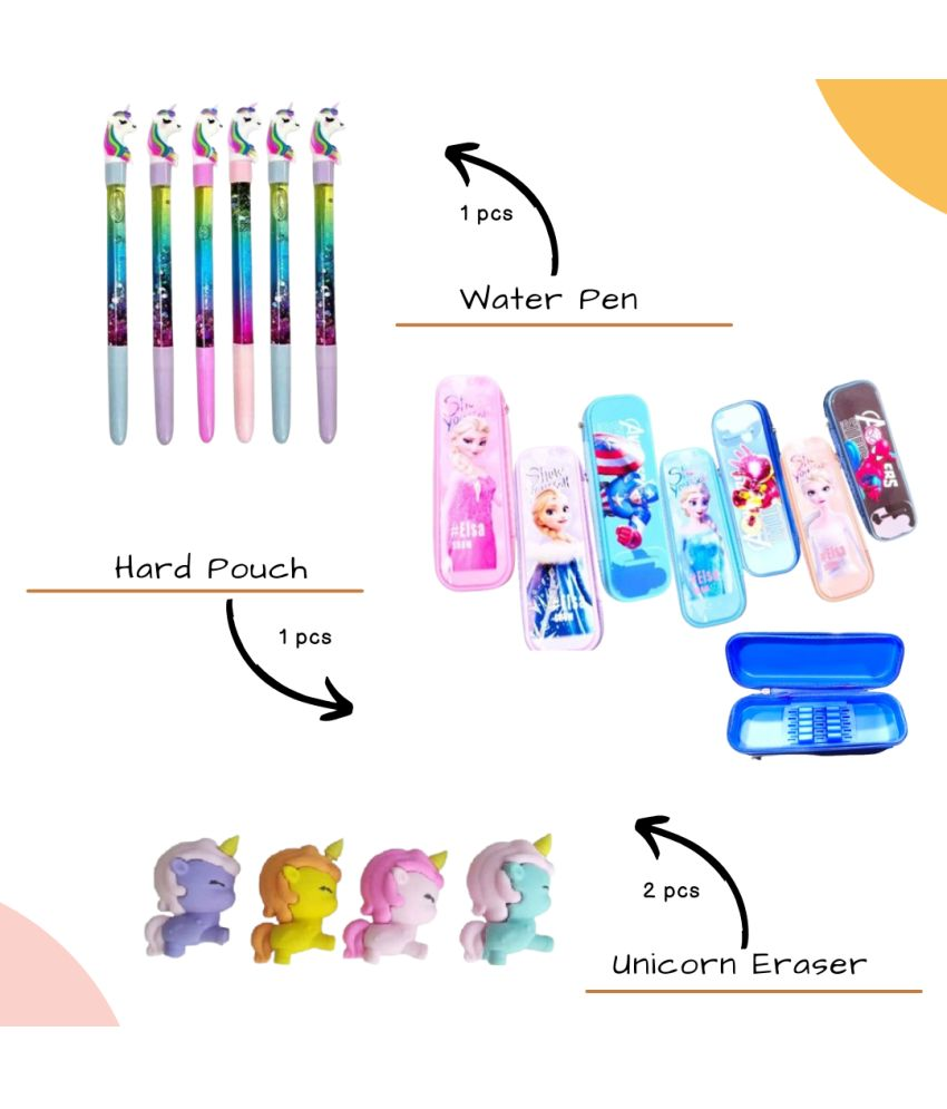     			Kalra Magic Unicorn & Character Stationery Set Water Pen Hard Pouch & Unicorn Erasers (4 PCS)