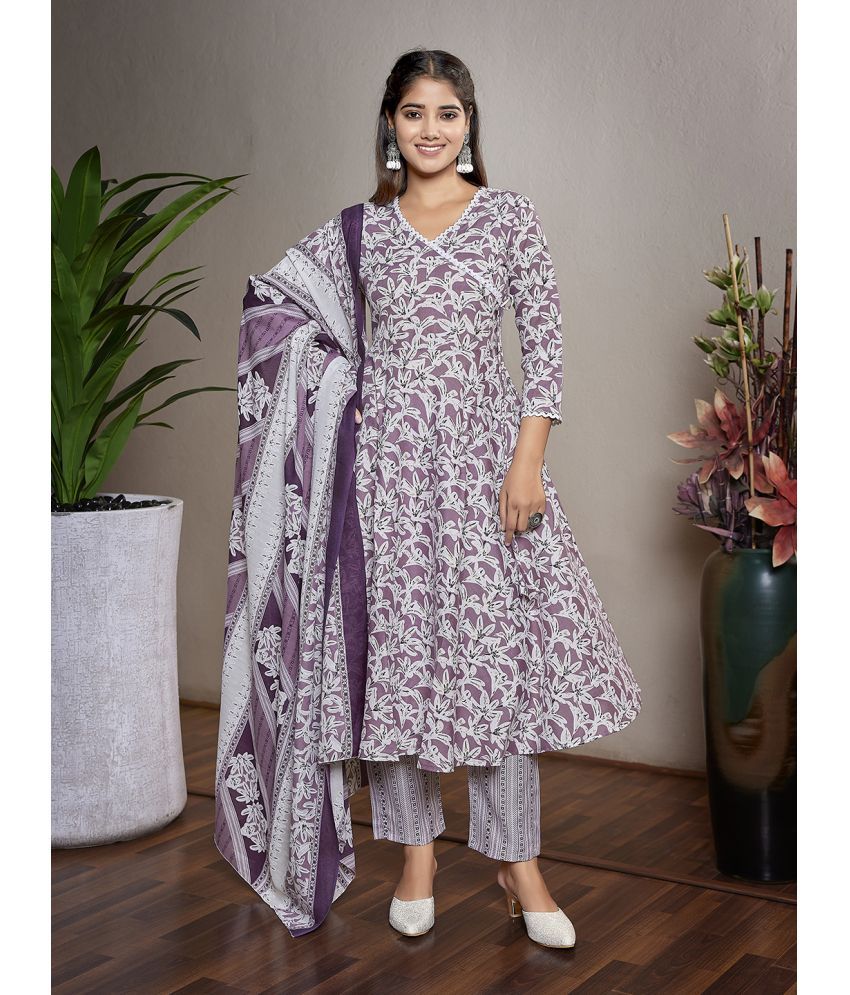     			Royal Export Pack of 1 Cotton Blend Printed Anarkali Women's Kurti with Dupatta - ( Purple )