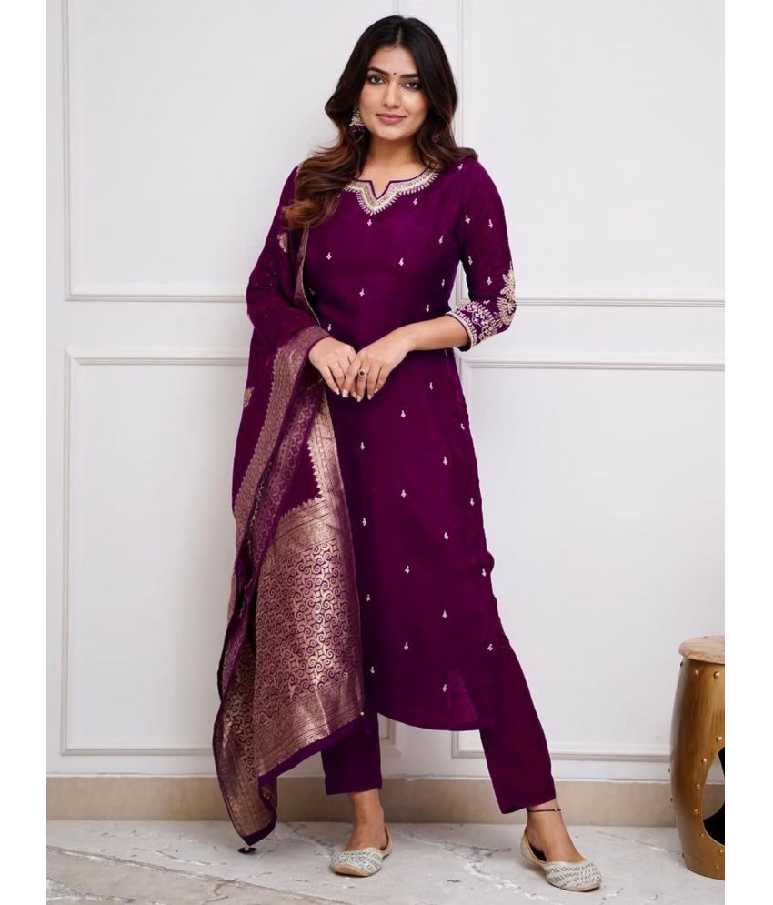     			Niza Fashion Silk Embroidered Kurti With Pants Women's Stitched Salwar Suit - Purple ( Pack of 1 )