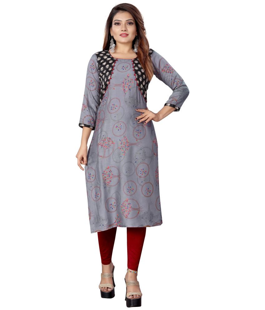     			MEESORRA Grey Rayon Straight Kurti - Single