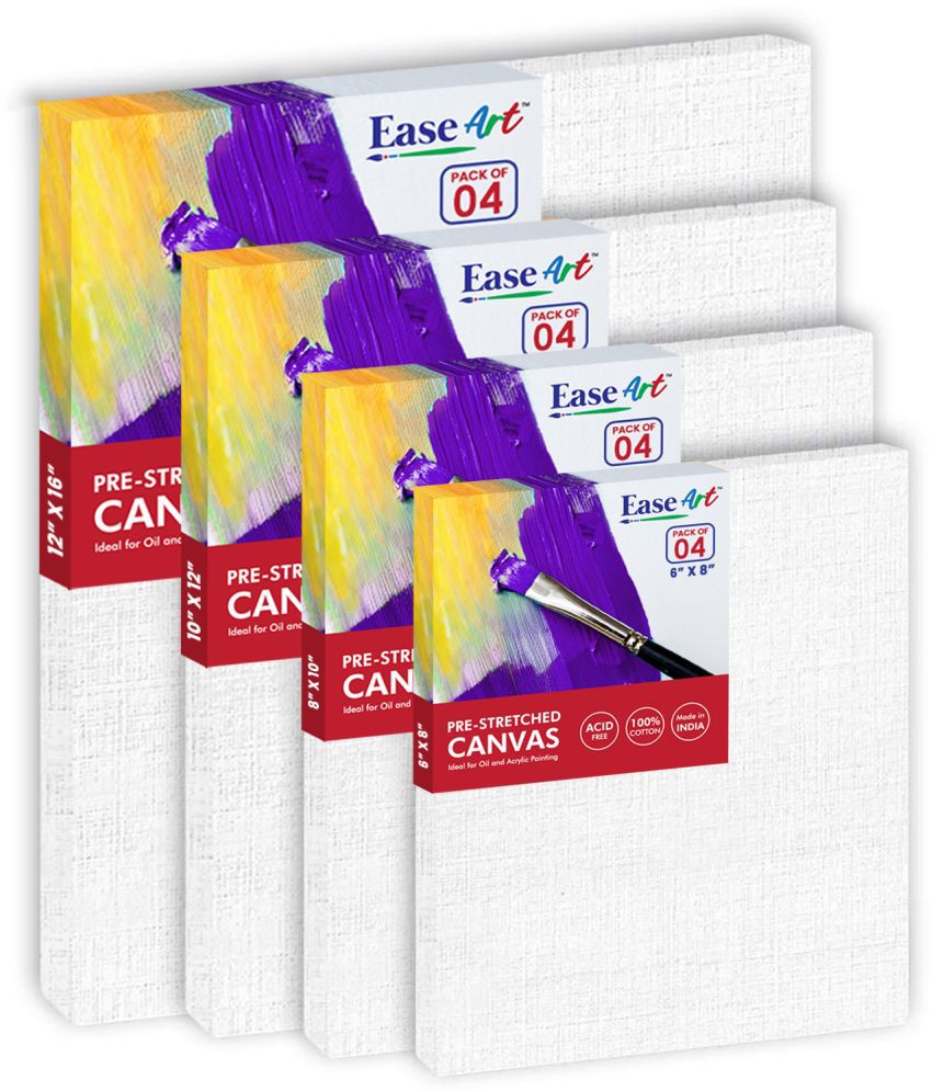 EaseArt Primed Cotton Pre Stretched Canvas with Wooden Frame - Multi Size - Set of 4 (12X16|10X12|8X10|6X8 Inch)