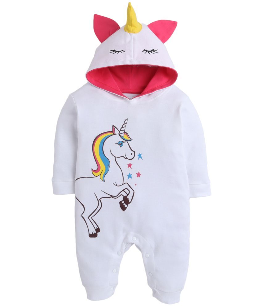     			BUMZEE White Unicorn Print Girls Full Sleeves Fancy Hooded Sleepsuit Age - 6-9 Months