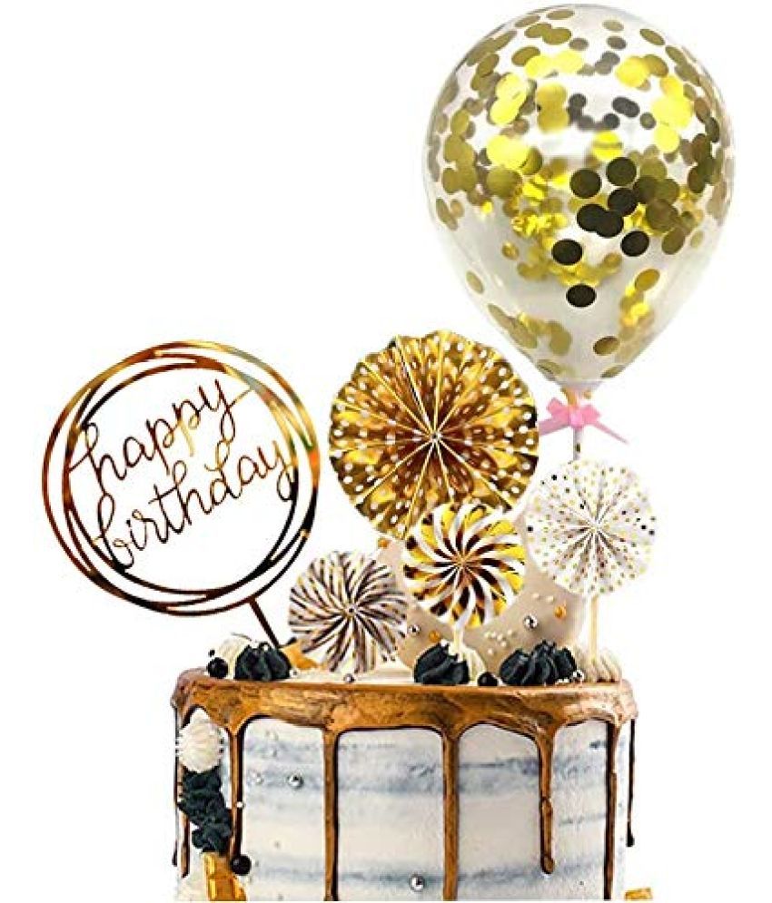     			Party Propz Happy Birthday Cake Topper 6Pcs With Golden Confetti Rubber Balloons,Fans And Bday Cupcake Toppers For Kids Boy'S Girls Adults Husband Women Special Decorations Items.