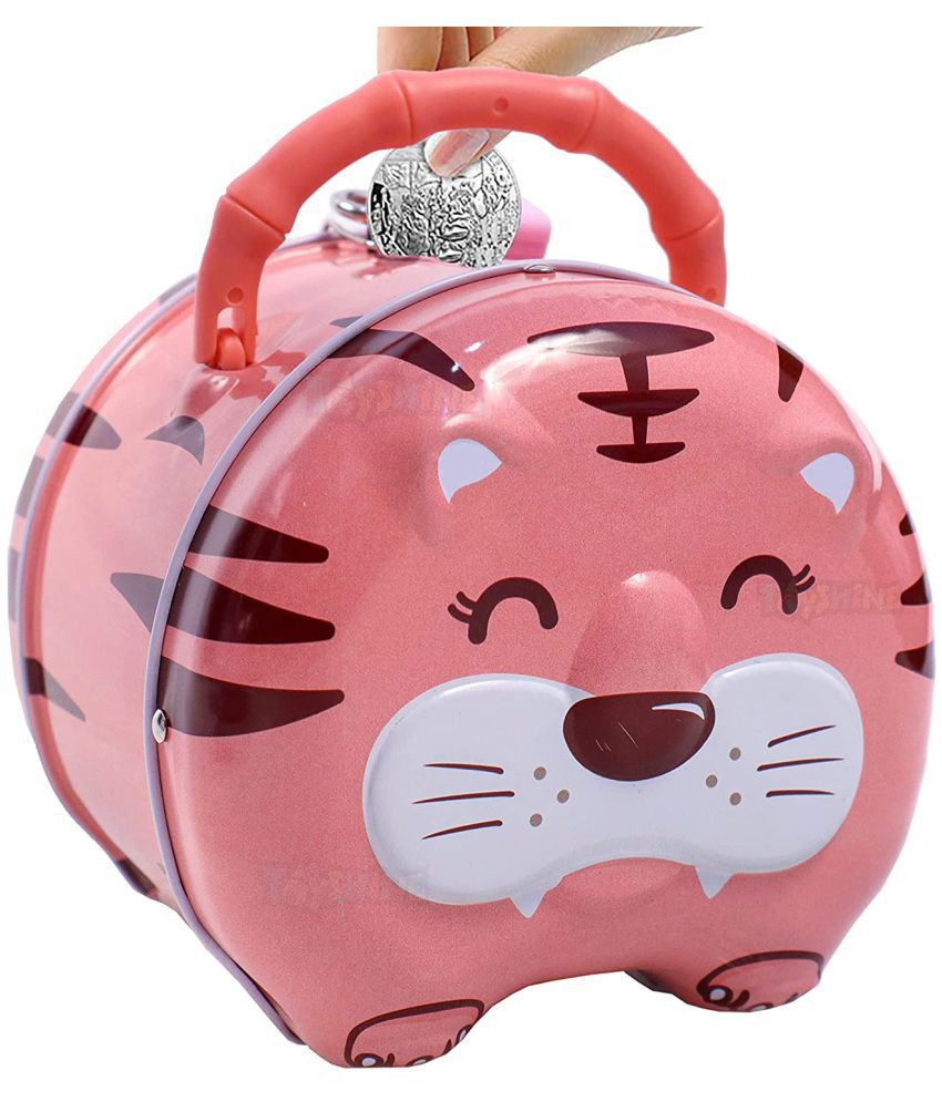 Toyshine Cat Money Box Safe Piggy Bank with Lock, Savings Bank for Kids, Made of Tin Metal - RED