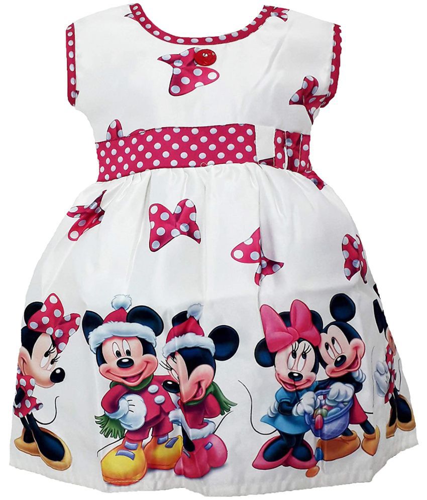     			little PANDA Baby Girls Fit & Flare Knee Length Mickey Printed Satin Dress