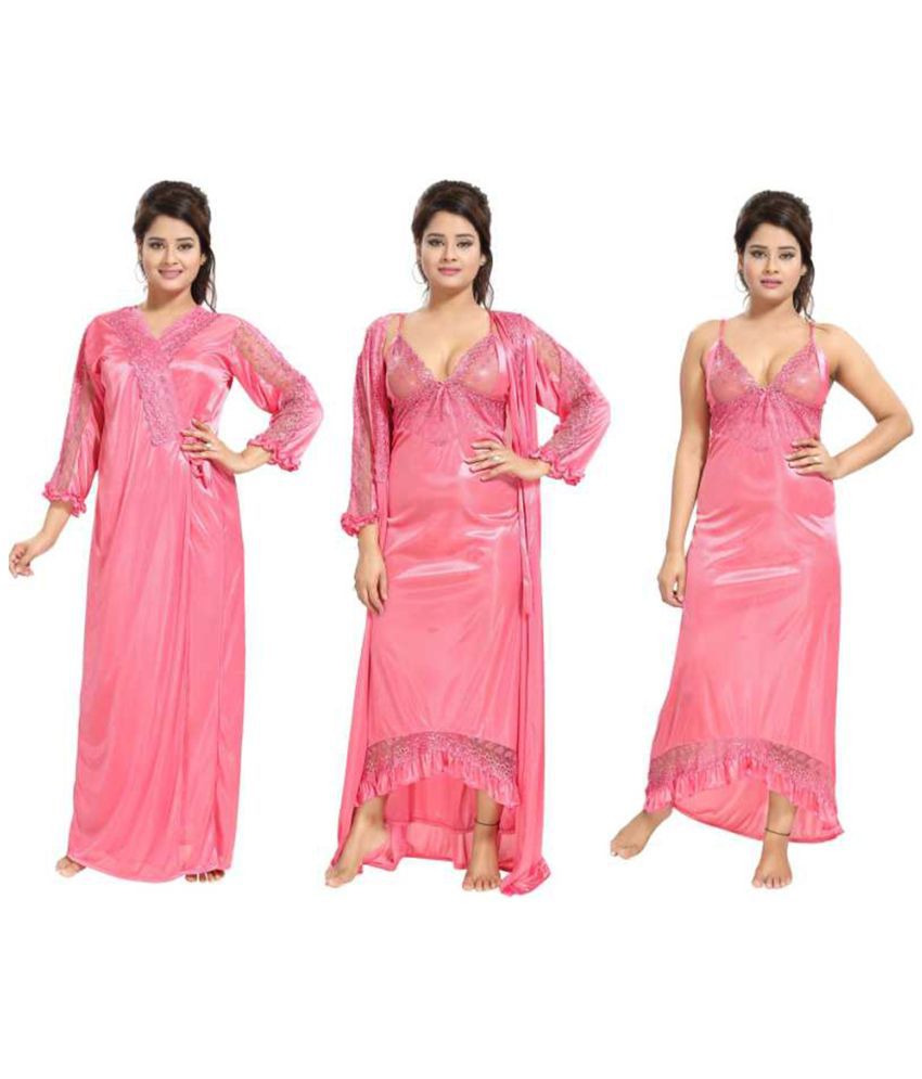     			Gutthi Satin Nighty & Night Gowns - Peach Pack of 2