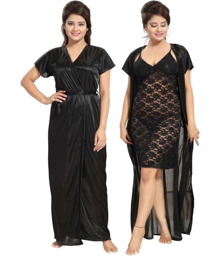     			Gutthi Satin Nighty & Night Gowns - Black Pack of 2