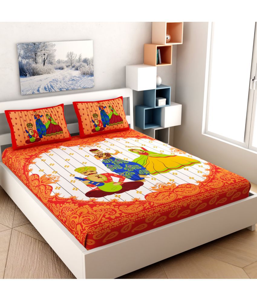     			HOMETALES Cotton Ethnic Queen Bed Sheet with Two Pillow Covers-Orange