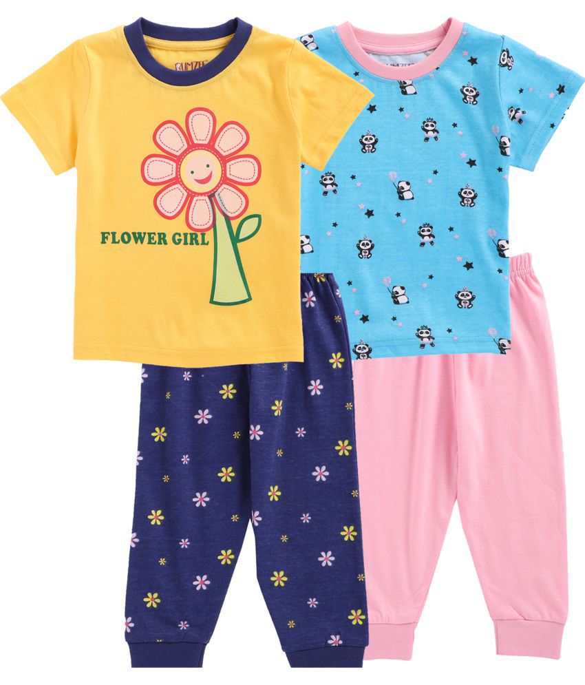     			BUMZEE Yellow & Blue Half Sleeve Baby Girls T-Shirt & Pajama Set Pack Of 2 Age - 3-6 Months