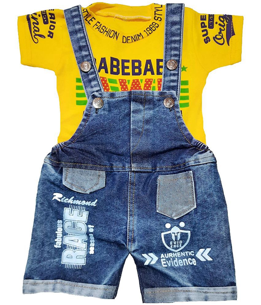     			little PANDA Baby Boys & Baby Girls Denim & Hosiery Cotton Dungaree & T-Shirt Clothing Set