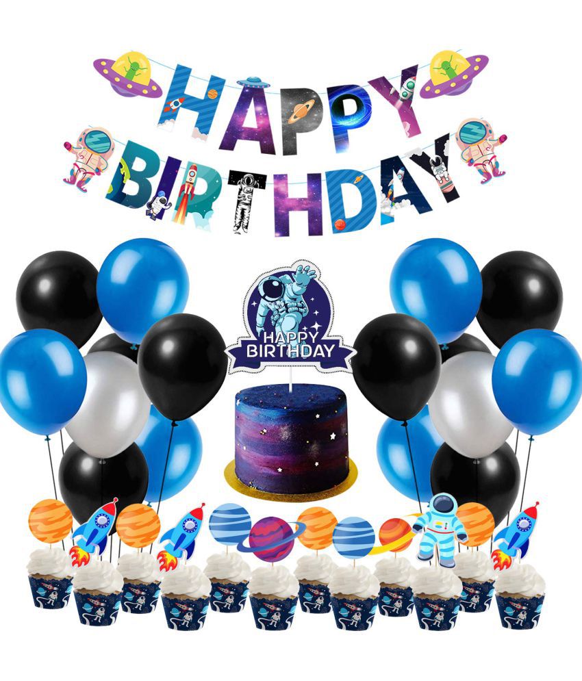     			Party Propz Space Theme Birthday Decoration - 52Pcs Set - Metallic Blue Black Balloons, Happy Birthday Banner, Cake Topper, Cup Cake Toppers - For Kids, Boys / Girls Theme Party Supplies Space Kit