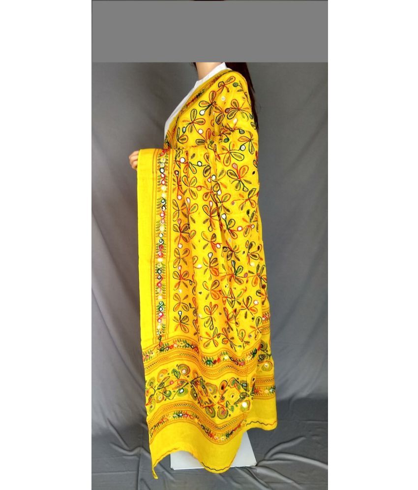     			Raj Yellow Cotton Aari Embroidered Dupatta - Single