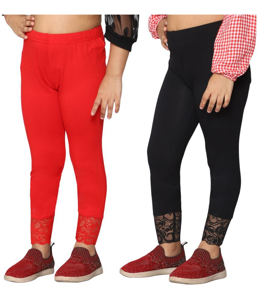     			2K Kids Ankle Length Leggings For Girls With Lace  (Red::Black,11 Years - 12 Years) - Pack Of 2 (2KGALWL_2C_RED_BLA_1112Y)