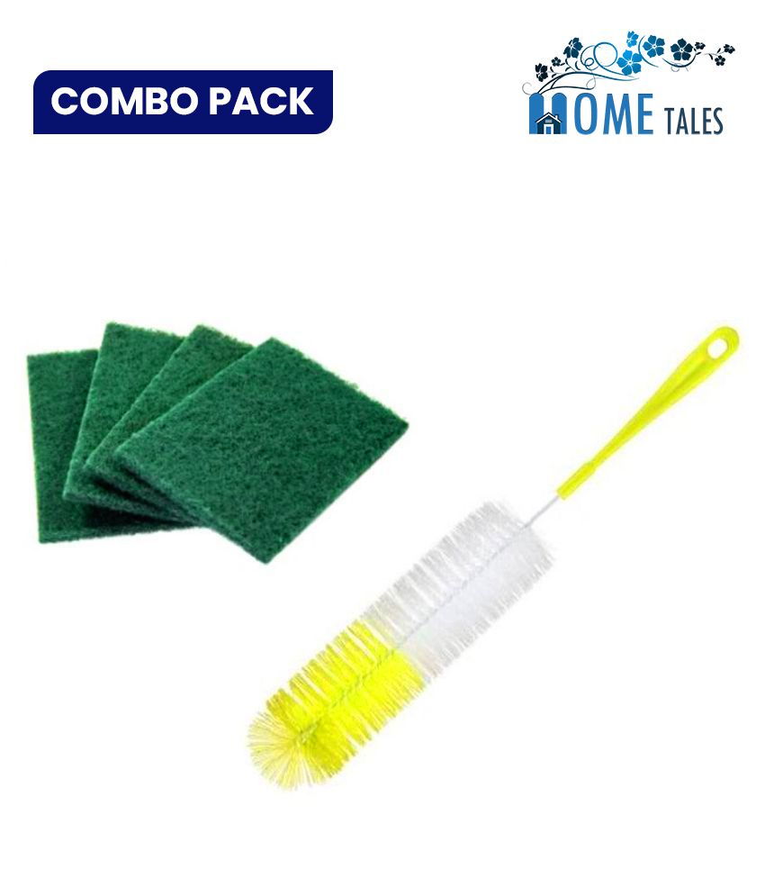HOMETALES Polyester Scrub Pad Green 4 U+Bottle Brush 1 U  cleaning combo