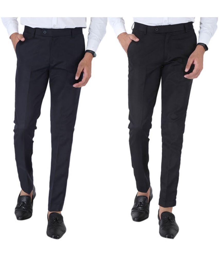     			SREY Black Slim -Fit Flat Trousers Pack of 2